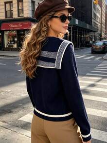 Women's Navy Collar Contrast Color Knit Cardigan, Short Length, Autumn/Winter Daily Wear - Navy Blue - View 3