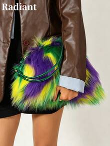 Women's Colorblock Faux Fur Crossbody Bag, Knotted Adjustable Shoulder Strap, Lightweight & Fashionable, Suitable For Party, Carnival, Winter Wear - Multicolor - View 7