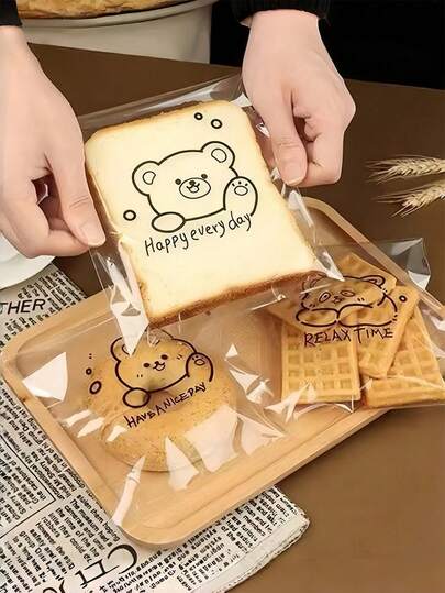 100Pcs Cute Cartoon Bear Print OPP Self‑Adhesive Bakery Bags, Transparent Clear Plastic Self‑Sealing Packaging Pouches With Happy Every Day Slogan, For Toast Bread Donut Waffle Cookie Pastry Snack Dessert, Home Baking