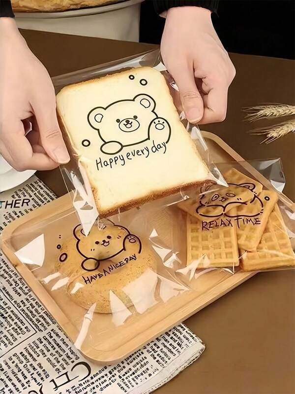 100Pcs Cute Cartoon Bear Print OPP Self‑Adhesive Bakery Bags, Transparent Clear Plastic Self‑Sealing Packaging Pouches With Happy Every Day Slogan, For Toast Bread Donut Waffle Cookie Pastry Snack Dessert, Home Baking