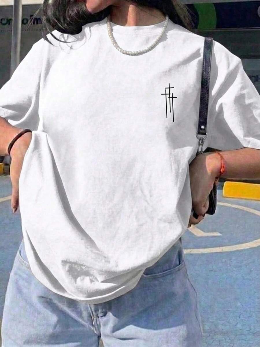 Women's Casual White Tee with NY Graphic Print, Short Sleeve Round Neck Polyester T-Shirt, Regular Fit for Everyday Streetwear Style