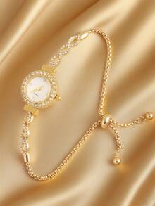 1pc Fashion Women's Bracelet Watch, Luxury Round Dial With Rhinestone Embellishment, Water Ripple Design, Alloy Quartz Watch, Perfect Gift For Girlfriend - Gold - View 6