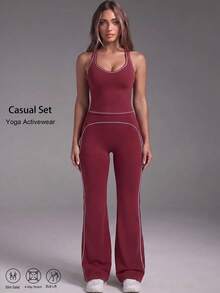 Women's Casual Contrast Racerback Sport 2 Pieces Set,Sleeveless Tank Skinny Tops,High Waist Activewear Flare Pants,For Yoga,Gym,Thanksgiving,Christmas - Burgundy - View 3