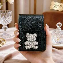 Cute Rhinestone Bear Mini Flip Storage Case, Crocodile Texture Faux Leather Small Cosmetic Pouch, Portable Lipstick Eraser Jewelry Organizer Box With Pen Slot, Compact Decorative Holder For Tiny Accessories, Ideal Daily Use & Gift - Multicolor - View 14