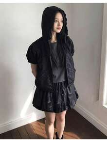 Korean Style Retro Polka Dot Stand Collar Zipper Short Sleeve Sun Protection Top Black Summer - Black - View 7