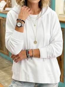 Basic Casual Women's Plus Size Drawstring Hooded Sweatshirt - White - View 5
