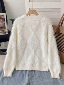 Girls' Elegant Solid Color Faux Mink Fur Round Neck Long Sleeve Knit Pullover Sweater, Suitable For Casual Wear In Spring, Autumn And Winter - White - View 4