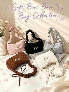 1PC Solid Color Minimalist Shoulder Bag, Bowknot Decor, Casual Elegant Style, Zipper Design, Suitable For Daily Outings, Travel, Can Easily Hold Daily Essentials, Versatile Item, Suitable For Various Styles And Occasions - Multicolor - View 1