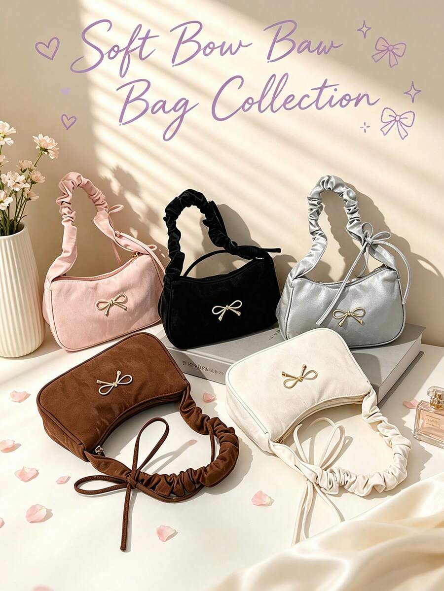 1PC Solid Color Minimalist Shoulder Bag, Bowknot Decor, Casual Elegant Style, Zipper Design, Suitable For Daily Outings, Travel, Can Easily Hold Daily Essentials, Versatile Item, Suitable For Various Styles And Occasions - Multicolor - View 1