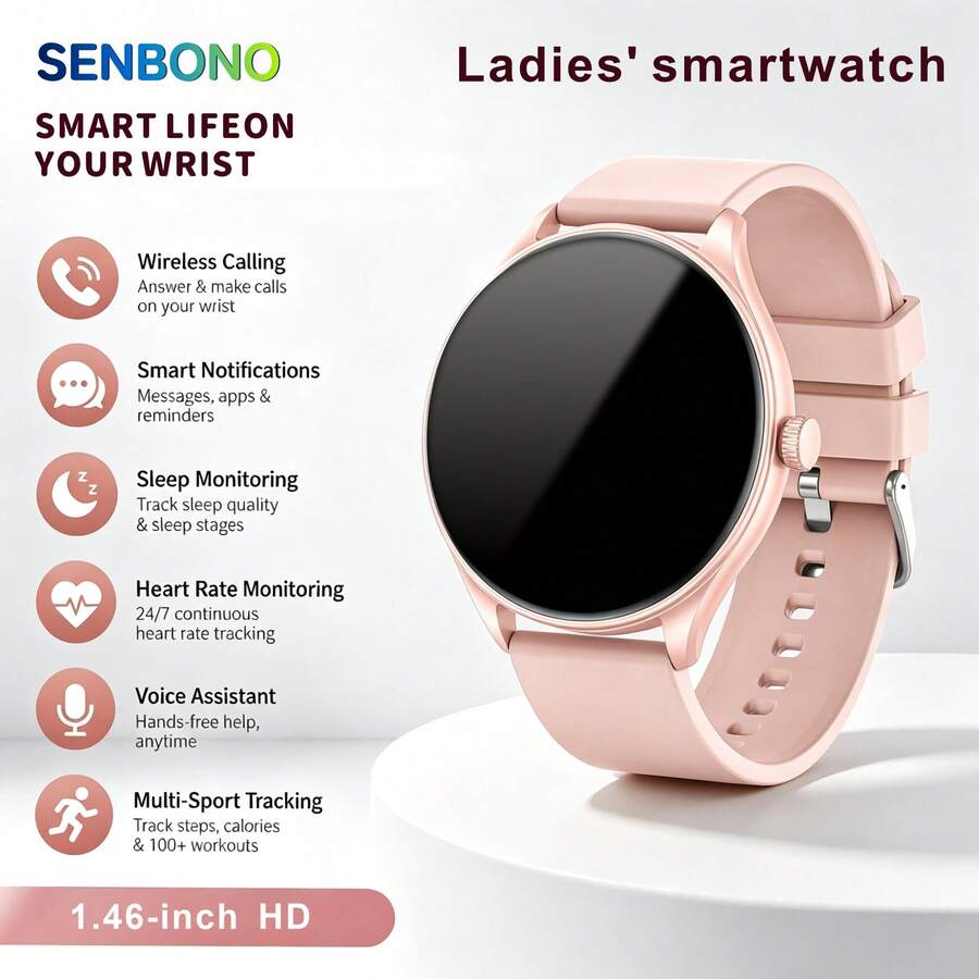 SENBONO Ladies' Smartwatch, 1.46-Inch High-Definition, Wireless Calling, Step Count, Sleep, Heart Rate, Multiple Exercise Modes, Information Reminders, Music Control, Dial Selection, Information Push, Ultra-Thin Round Screen, Christmas Gift - View 1