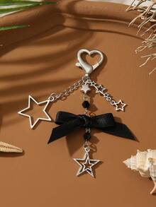 1pc Y2K Black Pink Bowknot Star Beaded Keychain, Cool Aesthetic Heart Clasp Bag Charm For Teen Girls Backpack Decor Gift - Multicolor - View 2