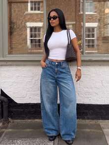 Low Waist Wide Leg Casual Blue Side Pockets Curved Women Jeans, Autumn Clothing Spring Fall - Navy Blue - View 7