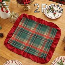 1pc Christmas Plaid Patchwork Velvet Ruffle Table Runner, Suitable For Christmas Holiday And Home Decor - Green Plaid - View 14