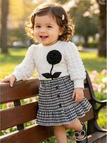 2pcs Baby Girl Spring/Autumn Set.3D Black Floral Puff Sleeve Top & Houndstooth Mermaid Skirt Thin - Black and White - View 2