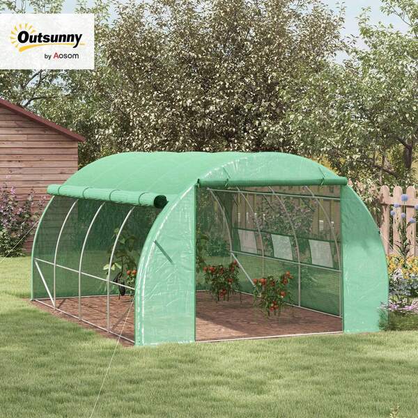 Outsunny Greenhouse, UV-Protected Foil Greenhouse, 3.97 X 3 X 2 M Tomato House With Side Door, Windproof Foil Tunnel Greenhouse For Garden, Balcony, Steel, Green