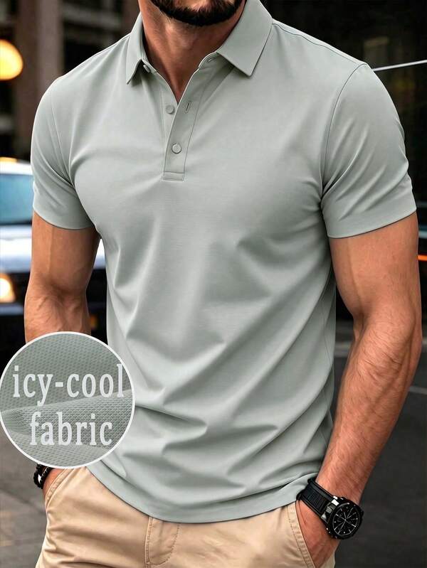 Men's Summer Ice Silk Quick-Dry Cool-Touch Polo Shirt, Business Thin Short Sleeve T-Shirt, Casual Elastic Solid Color Top Sports