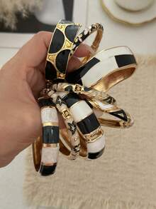 Brazalete de esmalte vintage en blanco y negro, brazalete de aleación con efecto de goteo de aceite de color contrastante retro, brazalete de lujo ligero para uso diario para mujeres, brazalete de esmalte vintage francés en bloques de color blanco y negro - Multicolor - Ver 3