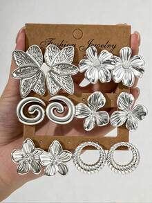 2/12PCS Vintage Fashion Elegant Silver Flower Hollow Floral Leaf Circle Spiral Stud Earrings Set, Daily Versatile Commute Accessory - Silver - View 1