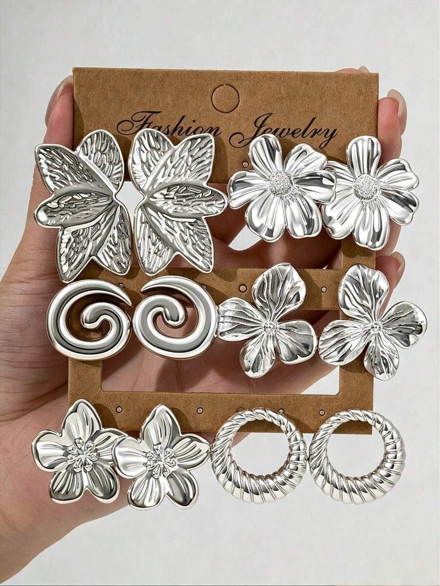 2/12PCS Vintage Fashion Elegant Silver Flower Hollow Floral Leaf Circle Spiral Stud Earrings Set, Daily Versatile Commute Accessory - Silver - View 1