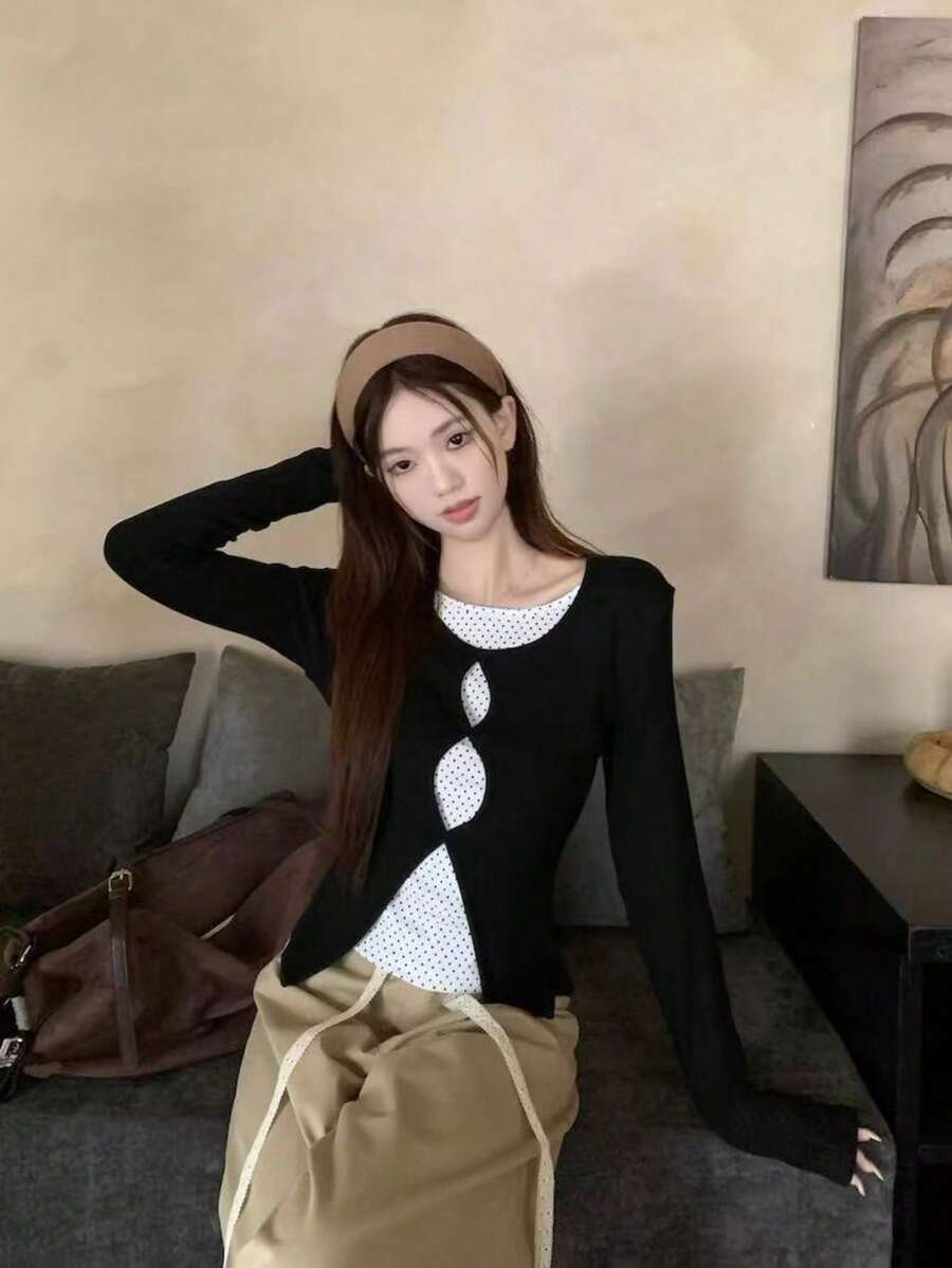 Sweet & Spicy Style Design 2 In 1 Hollow Out Long Sleeve T-Shirt Women's New Polka Dot Base Layer Slim Fit Top - Black - View 1
