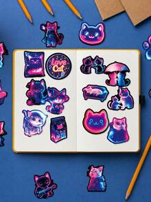 56Pcs PP Fluorescent Neon Cool Cute Cat Stickers, Cyberpunk Decor Elements Of Astronaut, Wizard And Party‑Themed Kittens, Suitable For Notebooks, Suitcases, Game Console Shells, Water Bottles, Storage Boxes, Desks - Multicolor - View 5