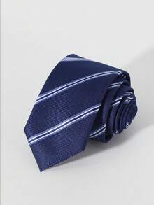 1pc Men's Fashion Deep Blue Encrypted Diagonal Stripe Minimalist Tie, Suitable For Business And Campus Wear - Navy Blue - View 2