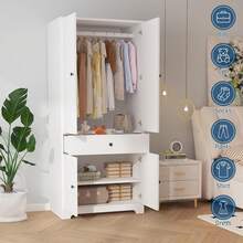 Wooden Wardrobe Armoire, Freestanding Bedroom Closet Cabinet With 2 Drawers, Adjustable Shelves And Spacious Storage, Multi-Functional Clothes Storage Organizer For Bedroom, Living Room And Home - White - View 4