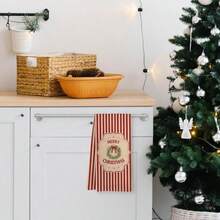 1PC Vintage Christmas Kitchen Towel, Red Beige Vertical Stripe Wreath Bow Merry Christmas Print Dish Towel, Festive Winter Holiday Home Decor Hand Tea Towel For Kitchen - Red - View 9