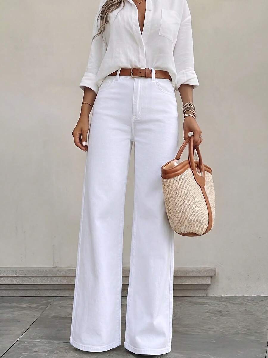 Women's Fashion Casual Straight Leg Jeans, Versatile Comfortable Daily Street Style, White, Autumn - White - View 1