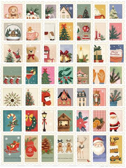 50PCS Vintage Christmas Postage Stamp Stickers, Xmas Nutcracker Gingerbread Reindeer Wreath Decals, Vinyl Stickers For Laptop, Water Bottle, Scrapbook, Journal, Xmas Party Decoras Party Decor