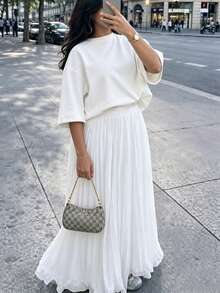Women's Solid Color Minimalist Round Neck Short Sleeve Top And Long Skirt 2 Pieces Set - White - View 1