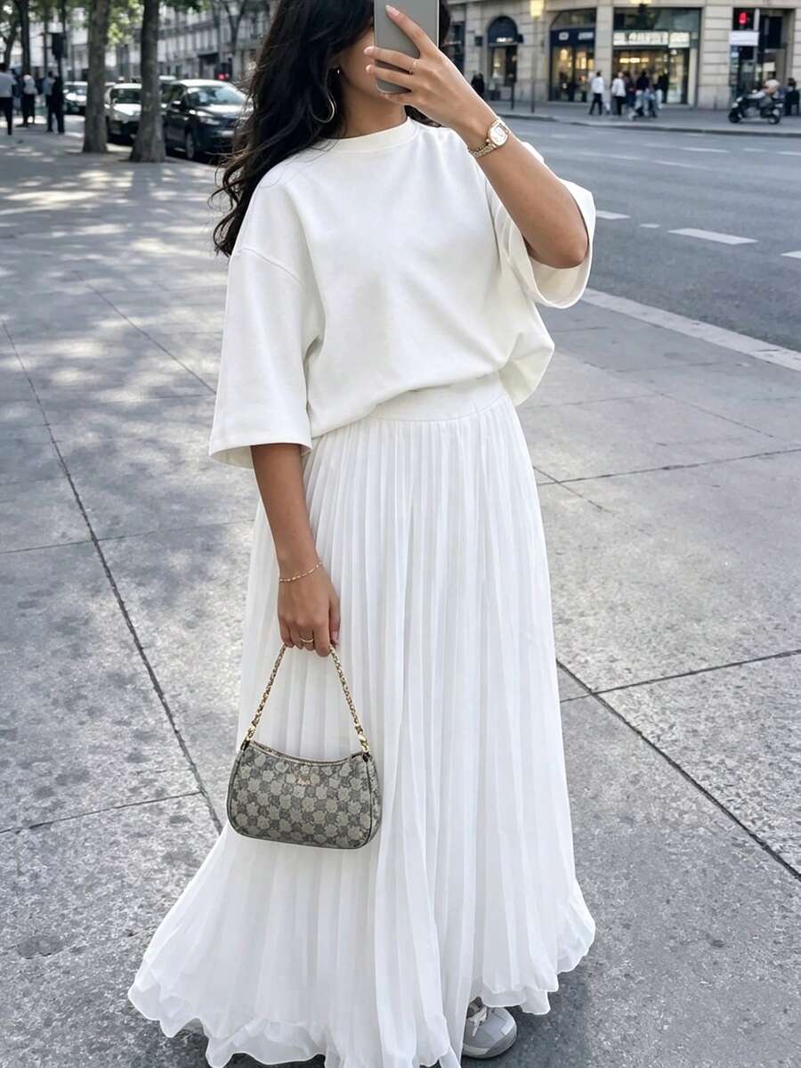 Women's Solid Color Minimalist Round Neck Short Sleeve Top And Long Skirt 2 Pieces Set - White - View 1