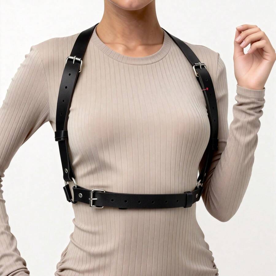 Women's Adjustable Gothic PU Leather Body Harness Vest, Buckle Shoulder & Waist Straps Punk Accessory, Suitable For Halloween Cosplay, Carnival Party And Club Outfits - Black - View 1