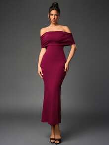Women Elegant Burgundy Off‑Shoulder Midi Dress, Ruched Back Cutout Bodycon Mermaid Hem Evening Party Dress - Burgundy - View 1