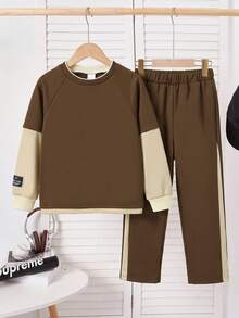 Purechapter 2pcs Tween Boys Minimalist Solid Color Colorblock Raglan Sleeve 2 In 1 Crew Neck Sweatshirt, Long Sleeve And Straight Leg Sweatpants Set, Oversize, Letter Patch Design, Casual Preppy Style, Autumn/Winter - Brown - View 2