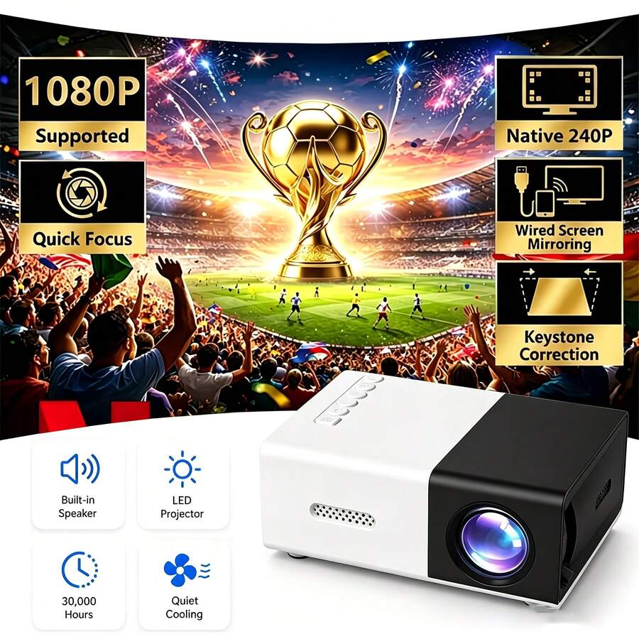 2026 Upgraded Portable Mini Projector, LCD Home Theater Projector, Built-In Speaker, Fast Focus, Compatible With Smartphone, Tablet, Laptop, TV Stick, USB Portable Projector, Suitable For Movies, Games, Presentations, Home Entertainment, Outdoor Parties - Black and White - View 1
