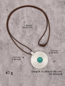 1pc Bohemian Western Cowboy Style Double Layer Asymmetrical Oval Ring Pendant Necklace With Faux Turquoise Inlay, Halloween Party Gathering Daily Accessory, Unisex Couple Necklace - Wax Rope - View 11