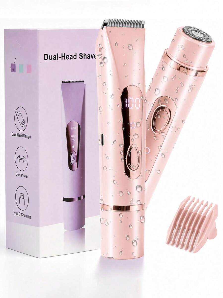 Women's 2-In-1 Bikini Trimmer, Dual-Head Electric Shaver With Facial Hair Removal Function, 400mAh USB Rechargeable Portable Body Shaver, Suitable For Bikini Area, Underarms, Legs, Arms And Face, LED Display