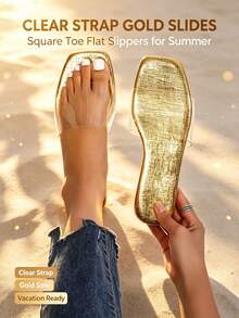 Solid Color Elegant Glossy Gold Flat Sandals Party Autumn/Winter Casual Comfortable Slip-On Slides - Gold - View 1