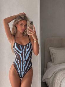 HOTTIE HABIT Blue & Brown Zebra Print Bandeau One-Piece Swimsuit, V-Neck Front, Slim Fit High Cut One-Shoulder Swimwear, Vintage Animal Print Swimsuit, Suitable For Beach, Pool, Vacation - Multicolor - View 1
