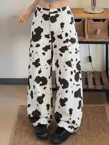 1pc Girls' Cow Print Cargo Wide Leg Denim Jeans, Casual Loose Straight Leg Long Pants With Large Pockets - Multicolor - View 1
