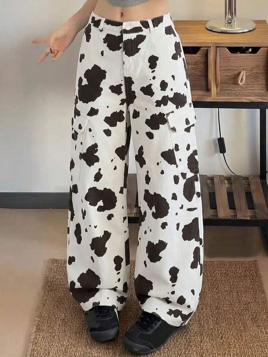 1pc Girls' Cow Print Cargo Wide Leg Denim Jeans, Casual Loose Straight Leg Long Pants With Large Pockets - Multicolor - View 1