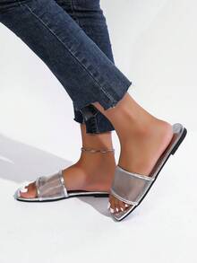 1 Pair Solid Color Fashion Hollow Silver Flat Sandals, Vacation Autumn/Winter Casual Comfortable Slip-On - Silver - View 4