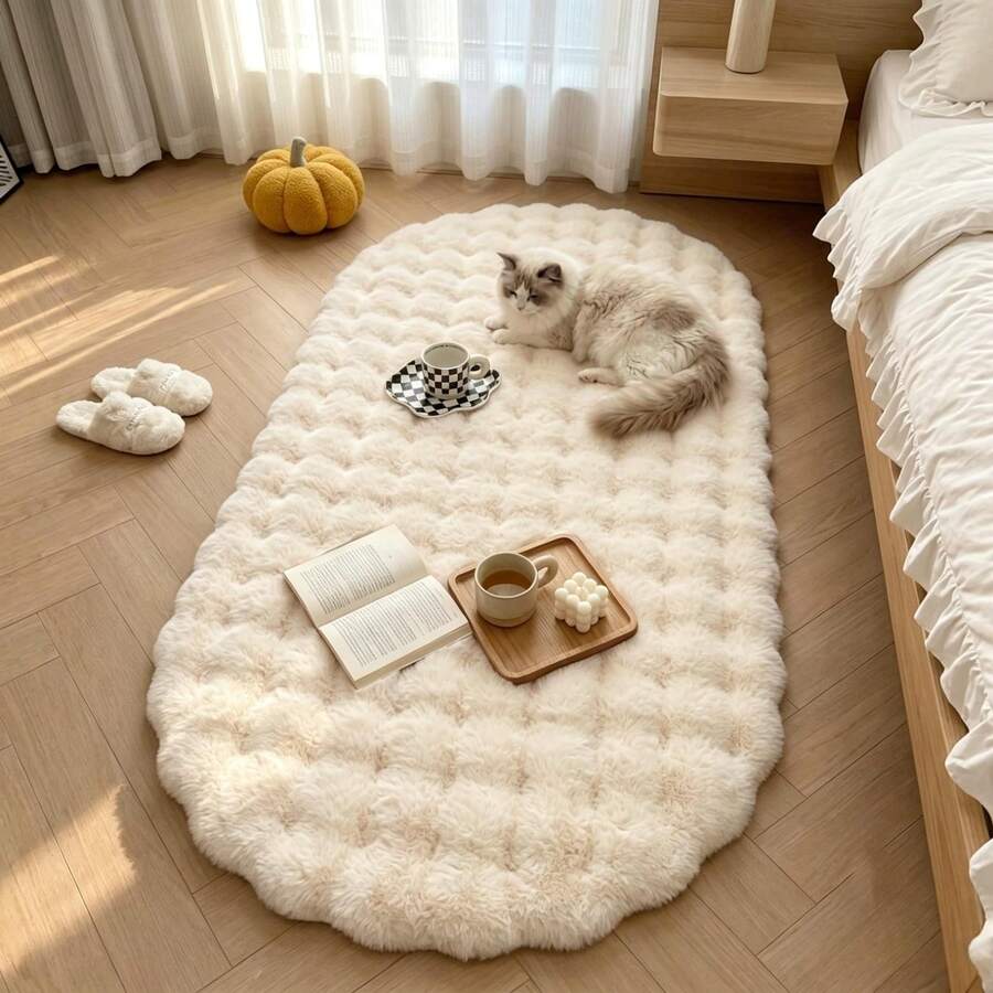 1pc French Luxury Cream White 3D Bubble Plush Floor Mat, Square Fluffy Soft Bedside Rug, Bathroom Decor Carpet, Bathroom Mat, Bathroom Rug, Door Mat, Small Rug, Carpet, Floor Mat, Home Decor, Area Rug, Home Decor, Area Carpet, Bedroom Rug, Washable Carpet - Multicolor - View 1