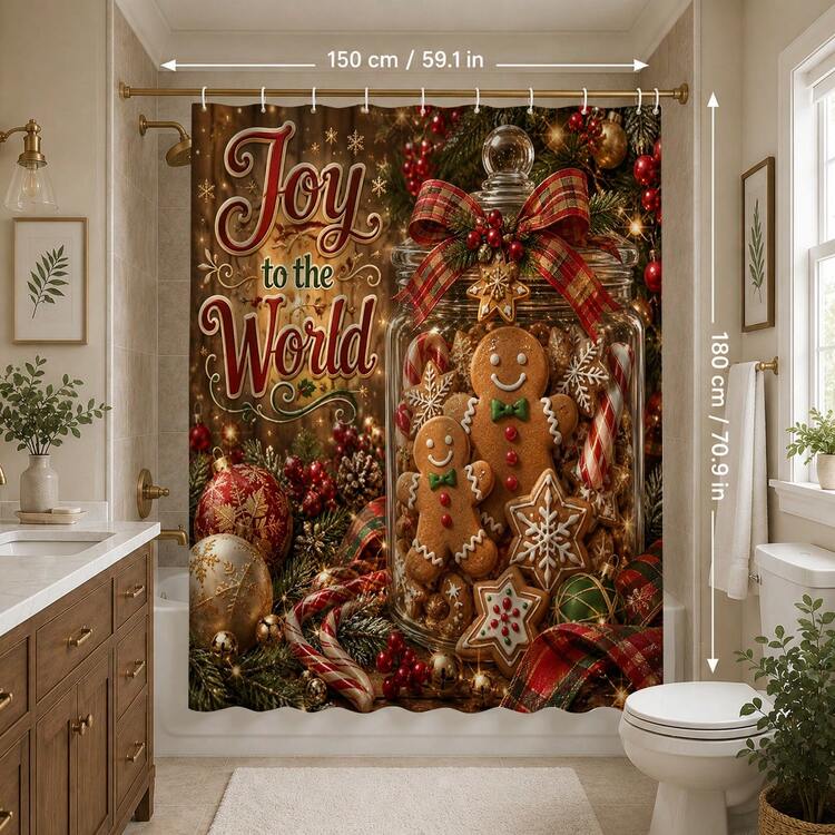 1pc/4pcs Christmas Glass Jar Gingerbread Multi-Functional Bathroom Decor Shower Curtain Set, Free 12 Hooks, Premium Holiday Atmosphere, Bathroom Mat, U-Shaped Floor Mat And Round Toilet Lid Cover, Suitable For All Christmas Scenes Decoration - Gingerbread In a Glass Jar - View 12