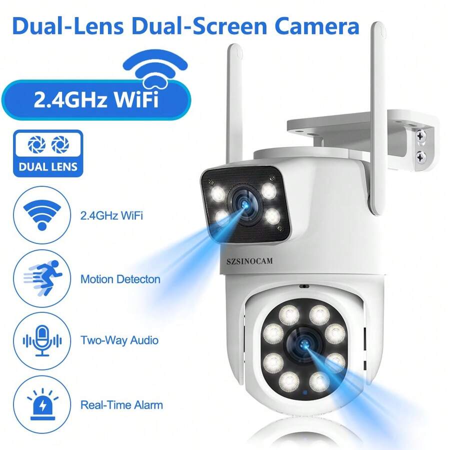 szsinocam Kamera Keamanan Rumah Lensa Ganda 1080P, Tampilan Layar Ganda, Kamera Pengawasan Bertenaga USB WiFi 2.4G, Pelacakan Gerakan Manusia, Penglihatan Malam Berwarna, Audio Dua Arah, Cocok untuk Pemantauan Rumah - Putih - View 1