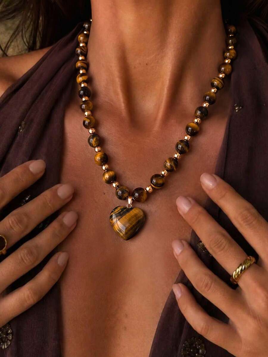 1pc Vintage Fashion Maillard Color Heart Pendant Tiger Eye Stone Beaded Necklace, Best Autumn/Winter Accessory Necklace, Perfect Gift - Multicolor - View 1