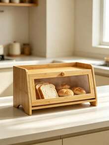 1pc Bamboo Flip‑Top Bread Storage Box, Natural Bamboo, Flip Lid With Clear Visible Window, Large Capacity, For Kitchen Countertop Bread Pastry Dust‑Proof Storage & Desktop Organization - Random Color - View 5