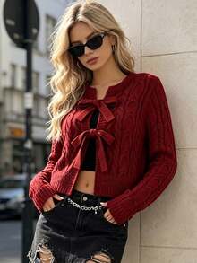 Women's Burgundy Cable Knit Cardigan, Autumn/Winter Bow Crop Top - Burgundy - View 5