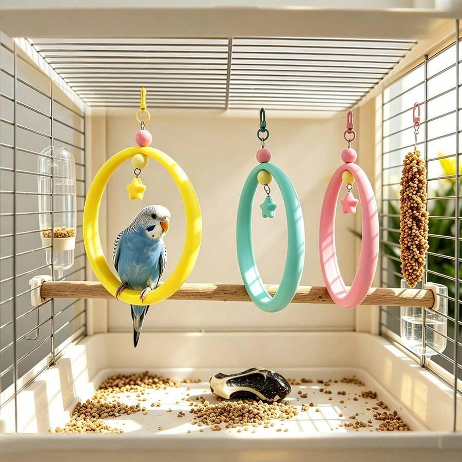 1pc Chewable Hanging Bird Swing Perch, Interactive Cage Bird Toy With Decorative Beads And Star Pendant And Metal Clip Hook, Suitable For Parrots, Budgies, Cockatiels And Other Pet Birds To Chew And Rest Cage Accessory